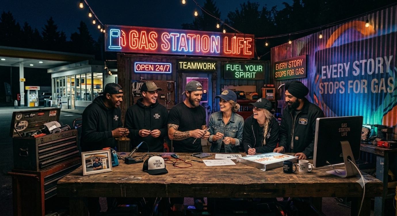 The Gas Station Life crew gathered together in branded gear