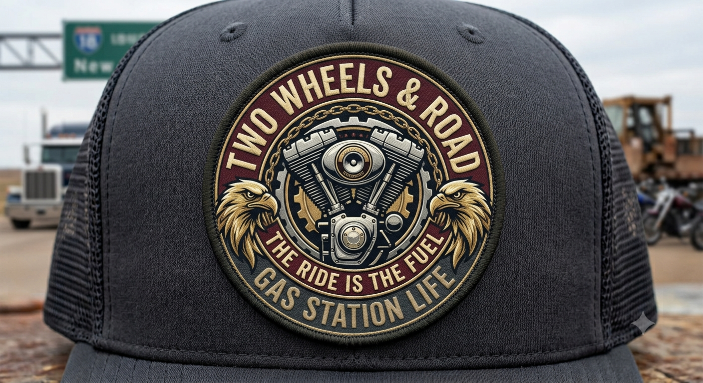 Biker engine emblem trucker hat